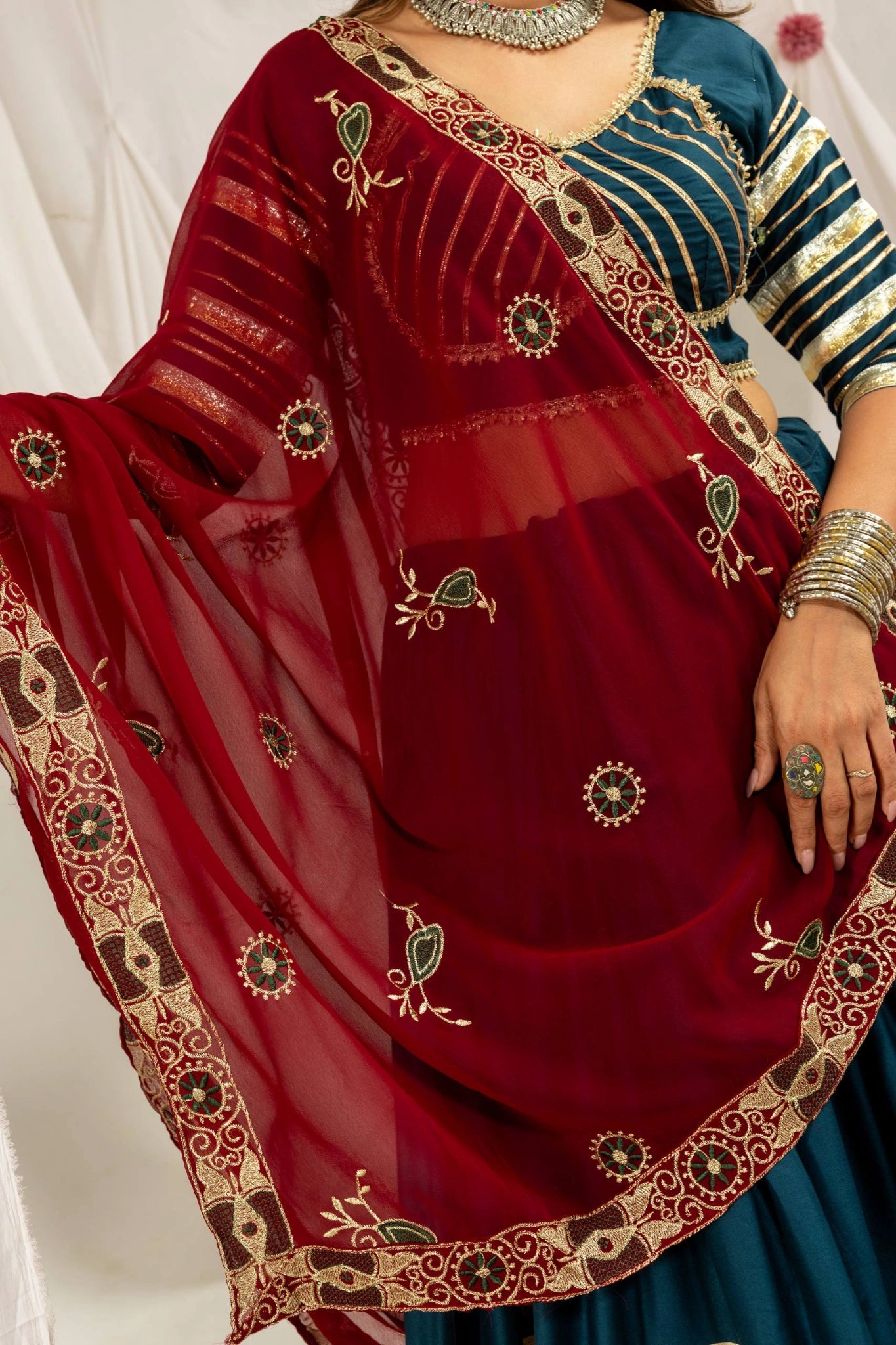 Rama Blue Lehenga Red Dupatta Detail – KL202 – Kalyanja